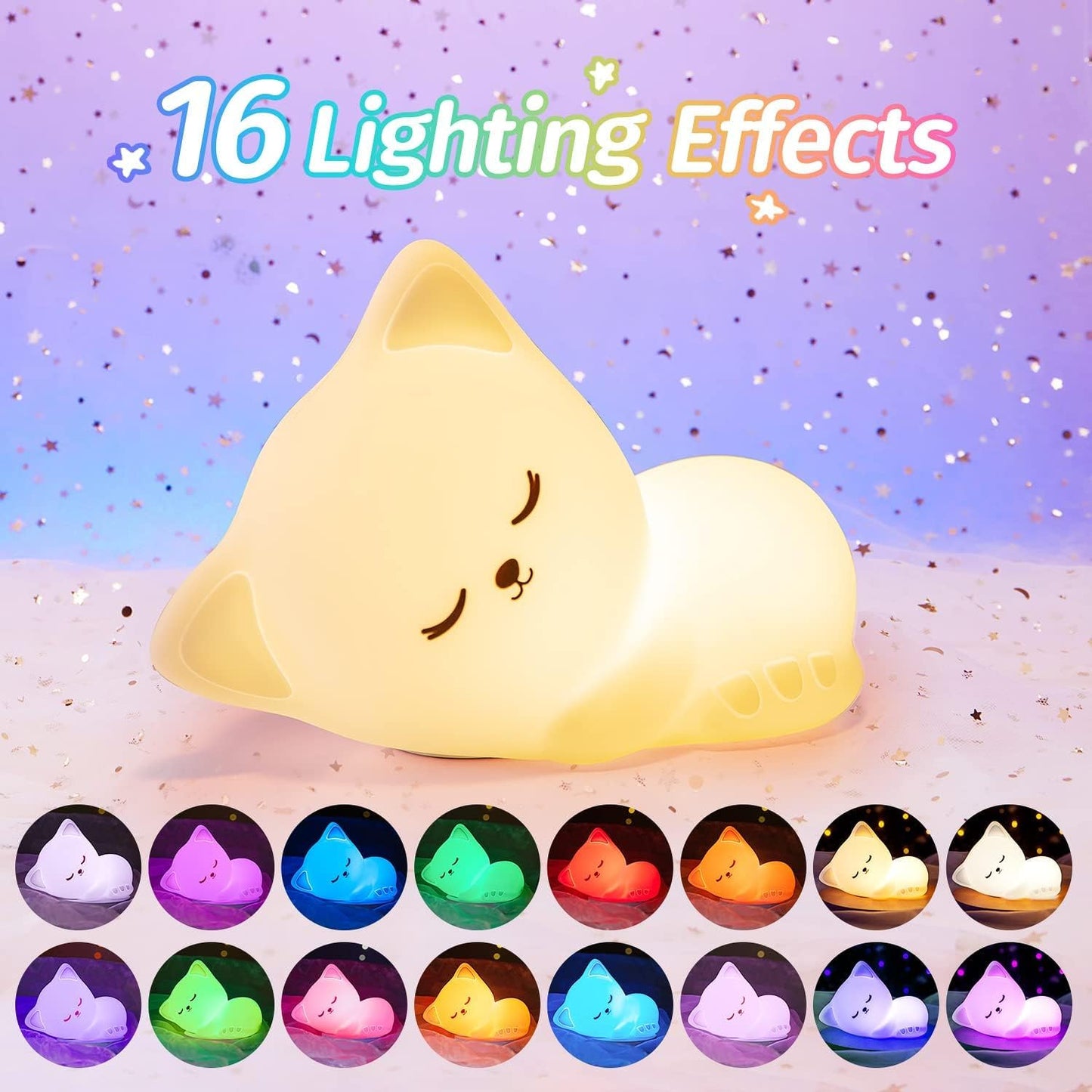Mubarek Night Light Cat Lamp, Dimmable Silicone Nightlight, 16 Colors, Rechargeable, Kids Room Decor, Cat Basic