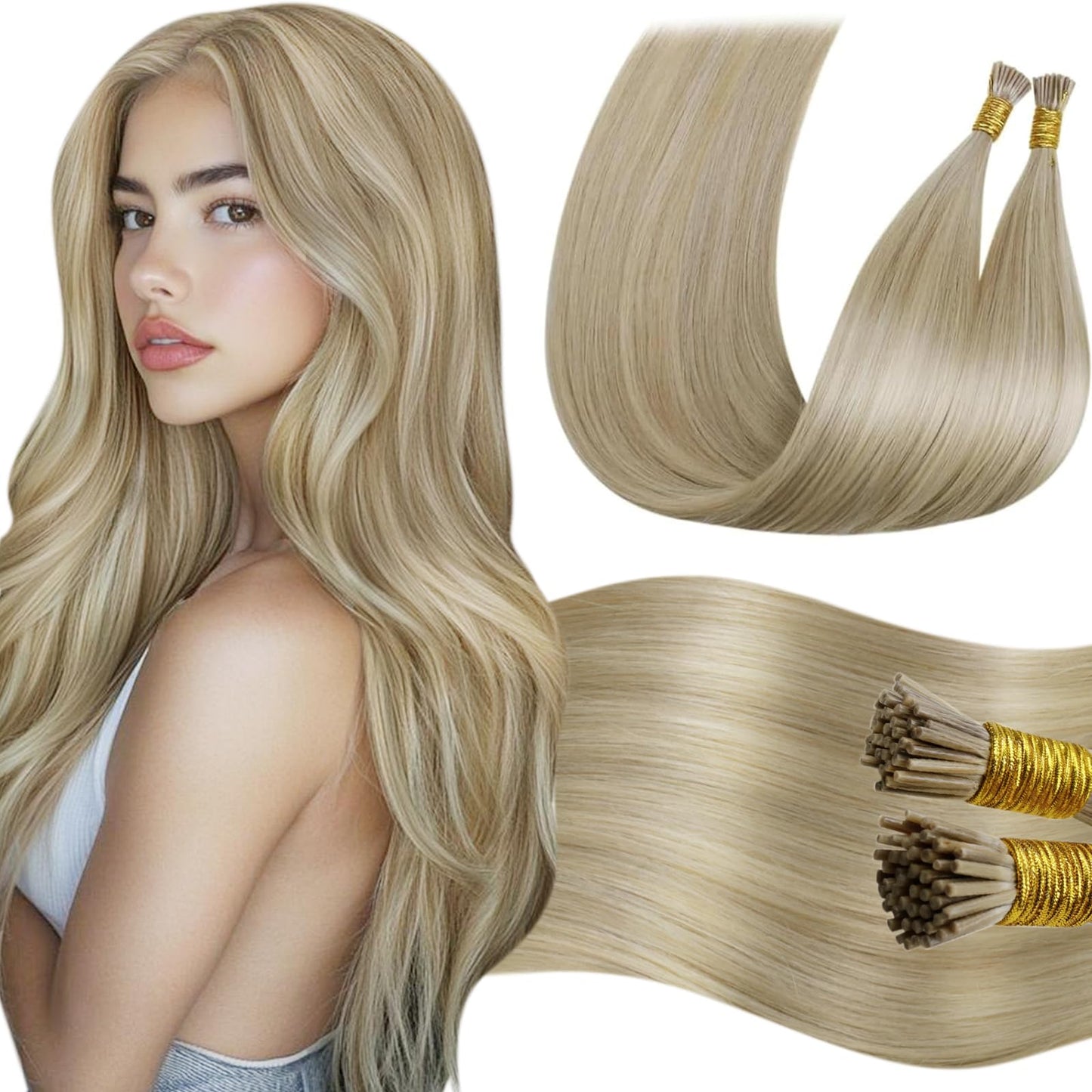 LaaVoo Itip Human Hair Extensions Blonde I Tip Hair Extensions Human Hair Light Blonde Highlights Golden Blonde Itip Extensions