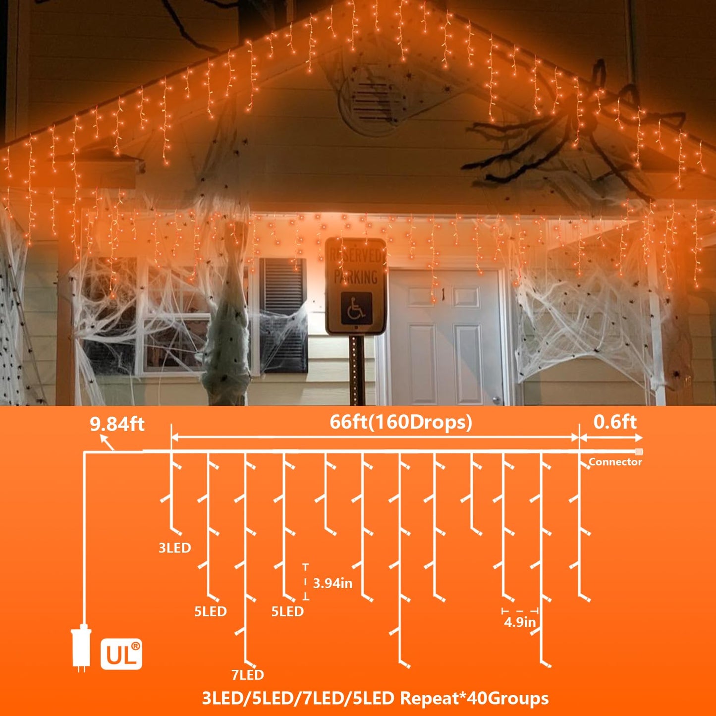 YEGUO 66ft 800 LED Outdoor Icicle Lights, Waterproof, 8 Modes, Orange, Plug-in