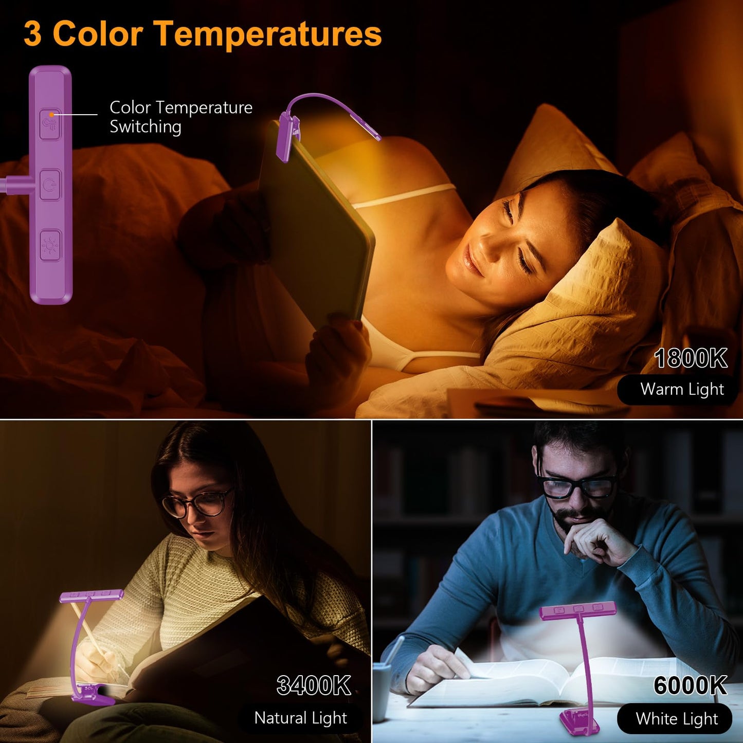 Gritin Rechargeable Book Light with 3 Color Temperatures, Stepless Dimming, 80 Hrs Runtime, Dark Purple, Model G1326