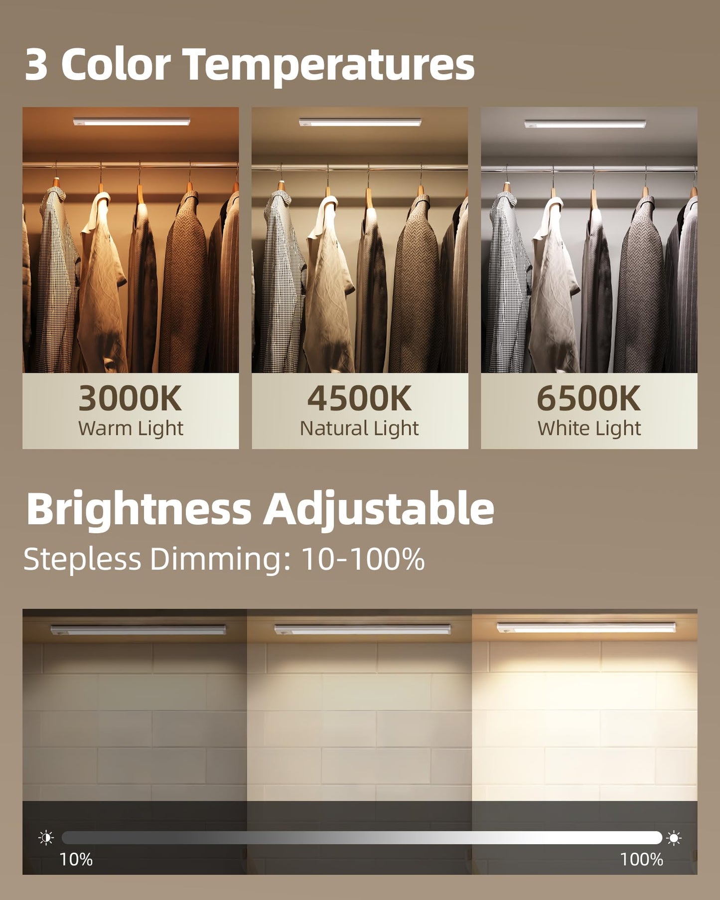 AMETHEUS Under Cabinet Lighting, Wireless Rechargeable LED Motion Sensor Light, 3 Color Dimmable, 16inch, 3 Pack, Model UCL01-2