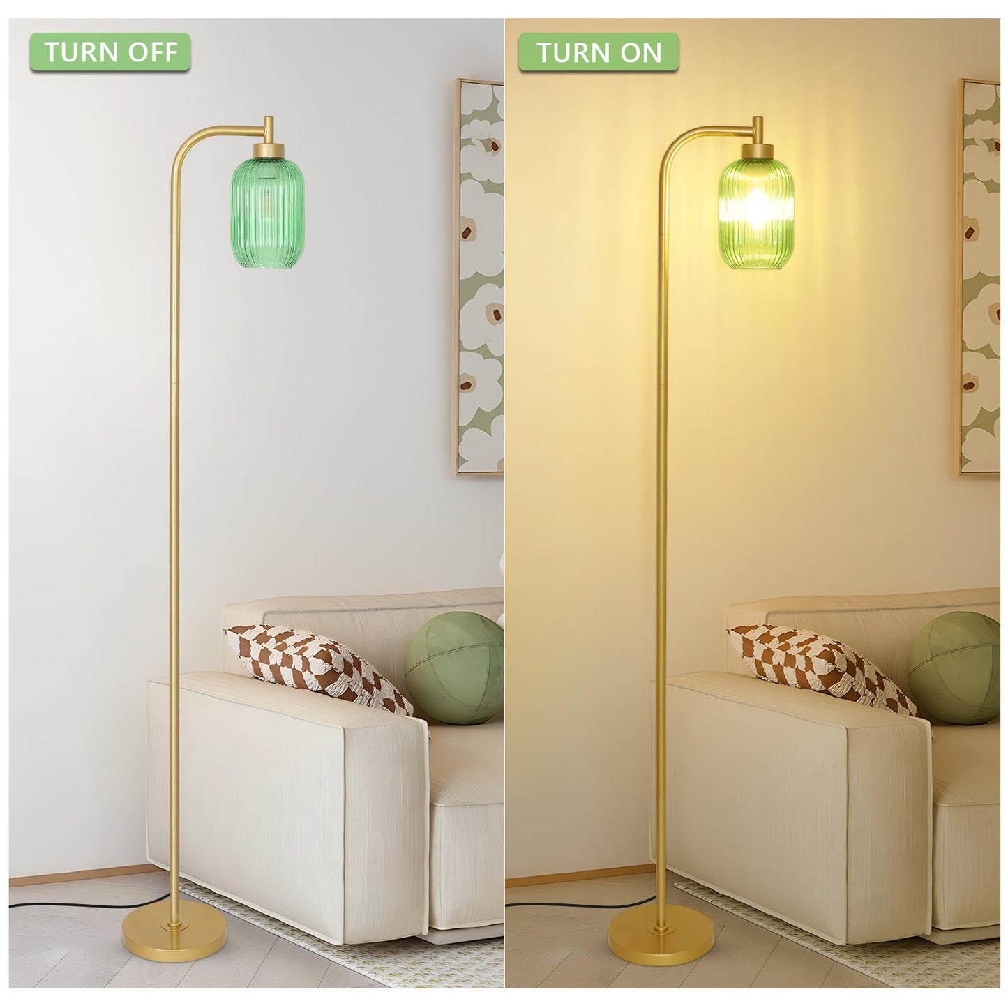 LAMSU Glass Floor Lamp - Modern Gold Standing Lamp with Green Stripe Glass Shade, Foot Switch, Vintage Brass, Model 250407A1