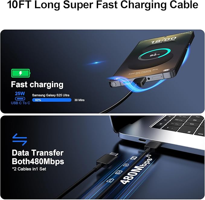 Super Fast Charger Type C, 25W USB C Wall Charger Fast Charging for Samsung Galaxy S25 Ultra/S25/S25+/S24+/S24 Ultra/S24/S24+/S23 Ultra/S22 Ultra/S21 with 10FT Long Android Type C Charger Cable 2Pack
