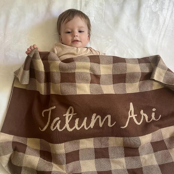Personalized Gingham Name Blanket – 100% Cotton Baby Blanket, Gingham Band Design, Customized with Name, Boys and Girls, Bassinet and Crib, Gift for Baby, Newborn, Toddler or Kids (Crib)