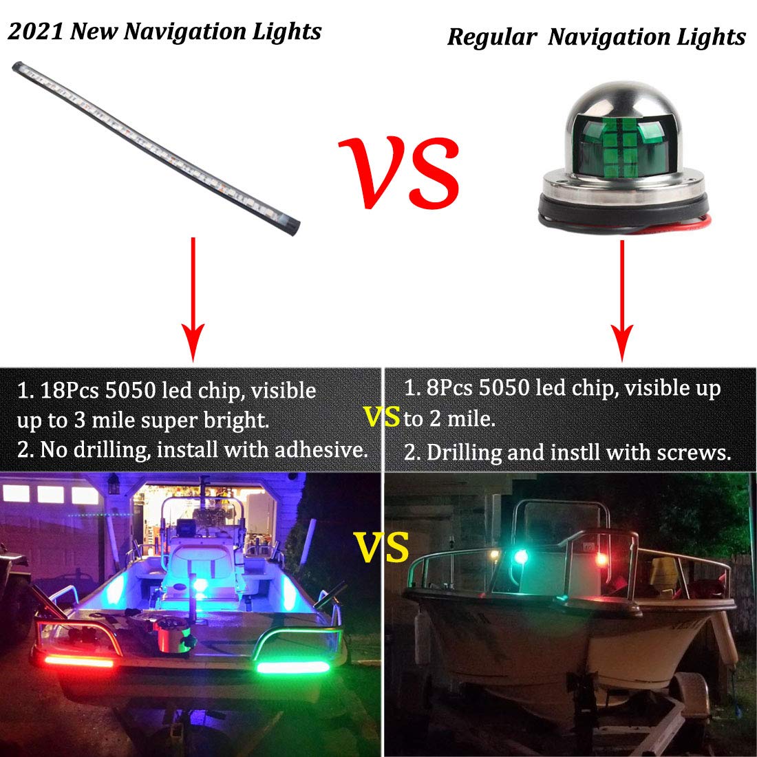 Botepon Navigation Lights For Boats Led  Adhesive Install Red And Green Bow And Deck Lights For Night Fishing  Ip67 Waterproot For For Pontoon  Bass  Dinghy  Kayak Jon Boat