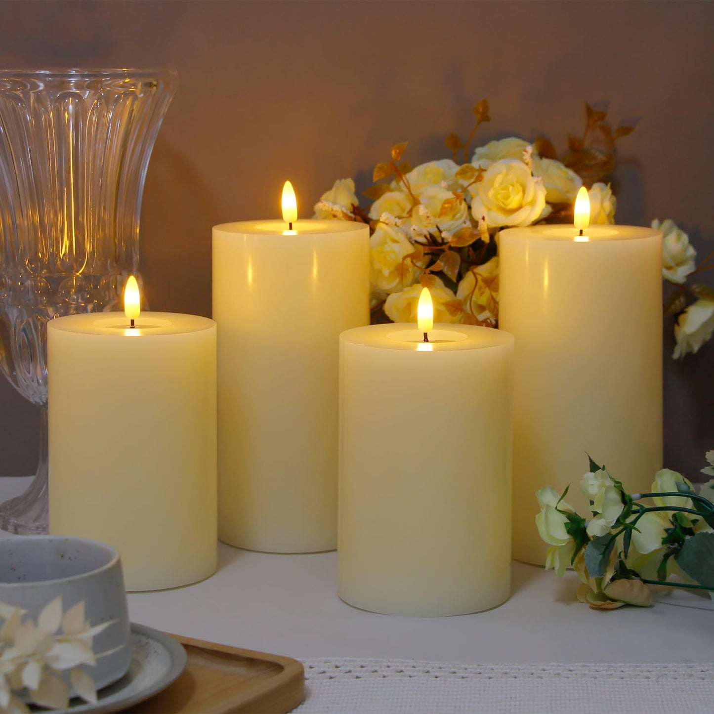 Zevanor Flameless Flickering 4" x6" Real Wax Ivory Remote Candles with Candle Grease, Pack of 2 Timer LED Battery Operated Fake Warm Light Pillar Candles for Home, Banquet, Ceremony Decoration