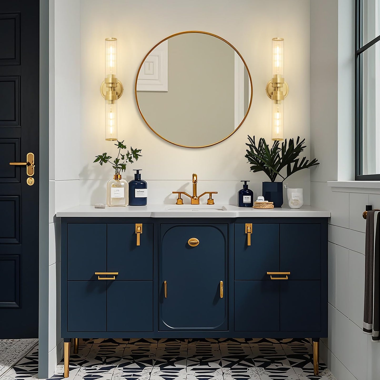 Vaziden Bathroom Light Fixtures  Gold Wall Sconce In Threaded Glass Vanity Lights 2 Pack  Modern Bathroom Vanity Light Up And Down Sconces Wall Lighting For Bathroom  Living Room - Bulb Not Included