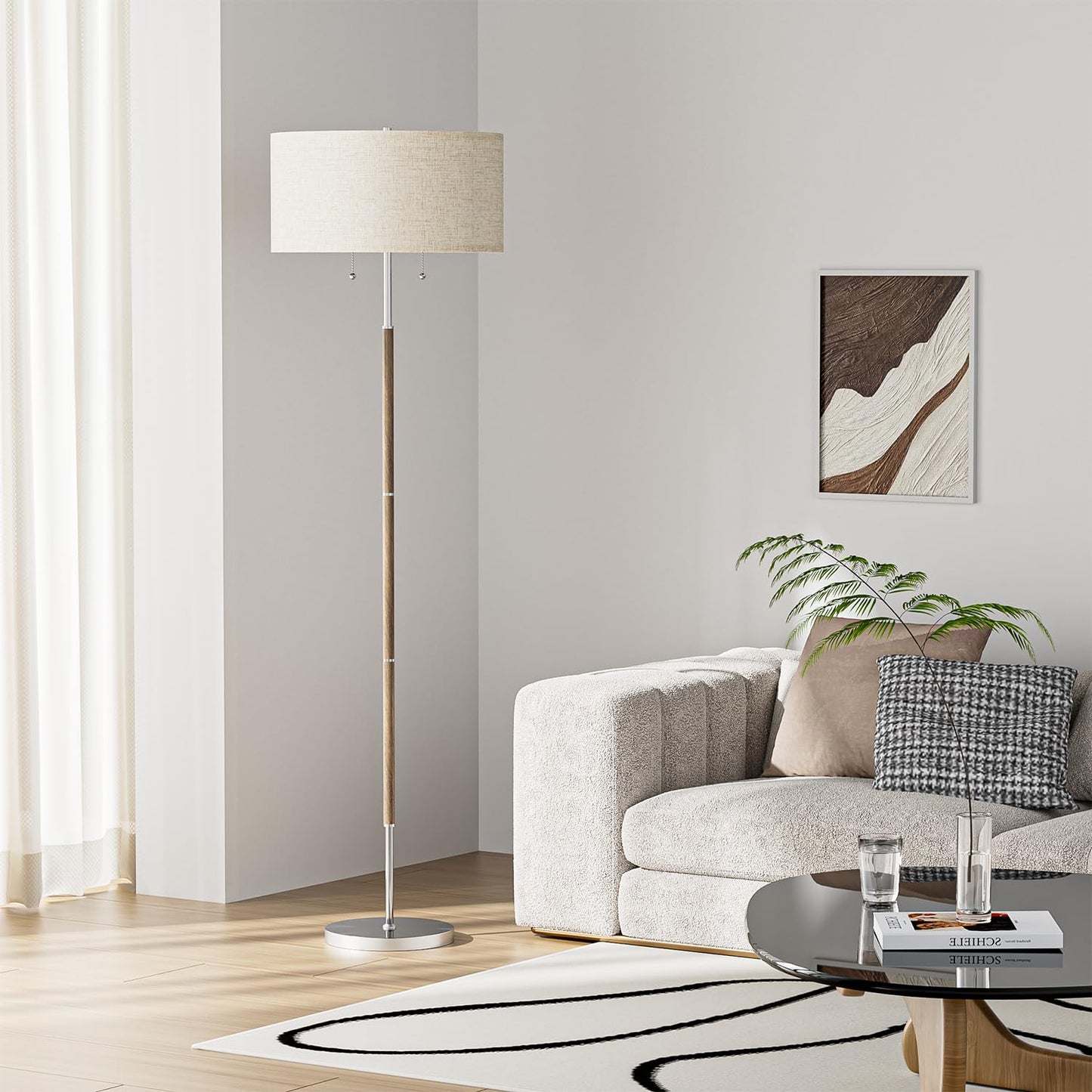Karjoefar 2-Light Floor Lamp, Nickel Silver & Beige, Mid Century Design, 3 Color Temperatures, Model DFP03