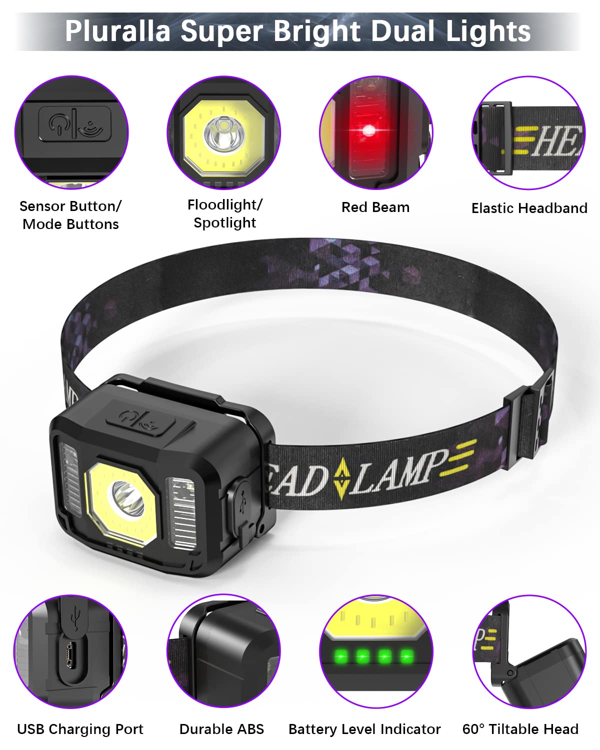 Pluralla Rechargeable LED Headlamp, 6 Modes, Motion Sensor, 2 Pack, Black, Model 607, ABS Material