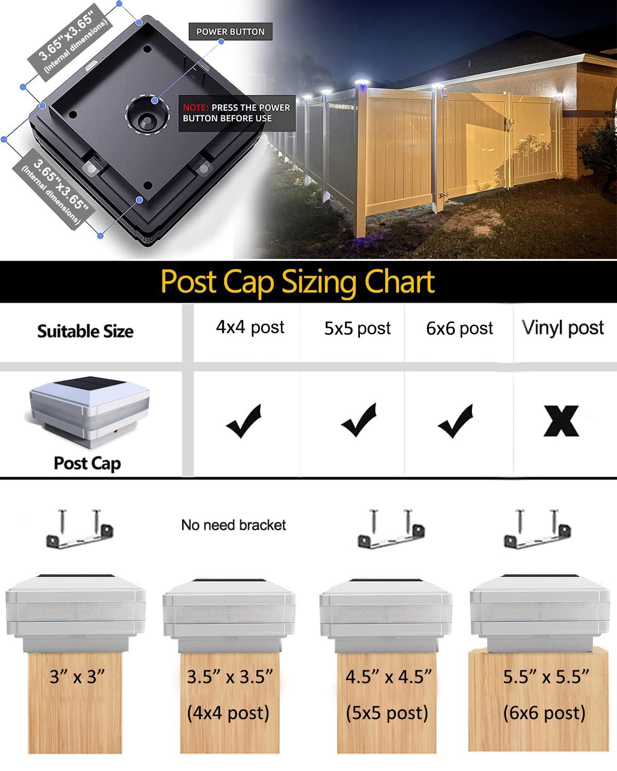 Indarun Solar Post Lights - 52 Leds, 160 Lm, Ip65 Waterproof, Fits 4X4/5X5/6X6 Posts, White, Model Ws142W