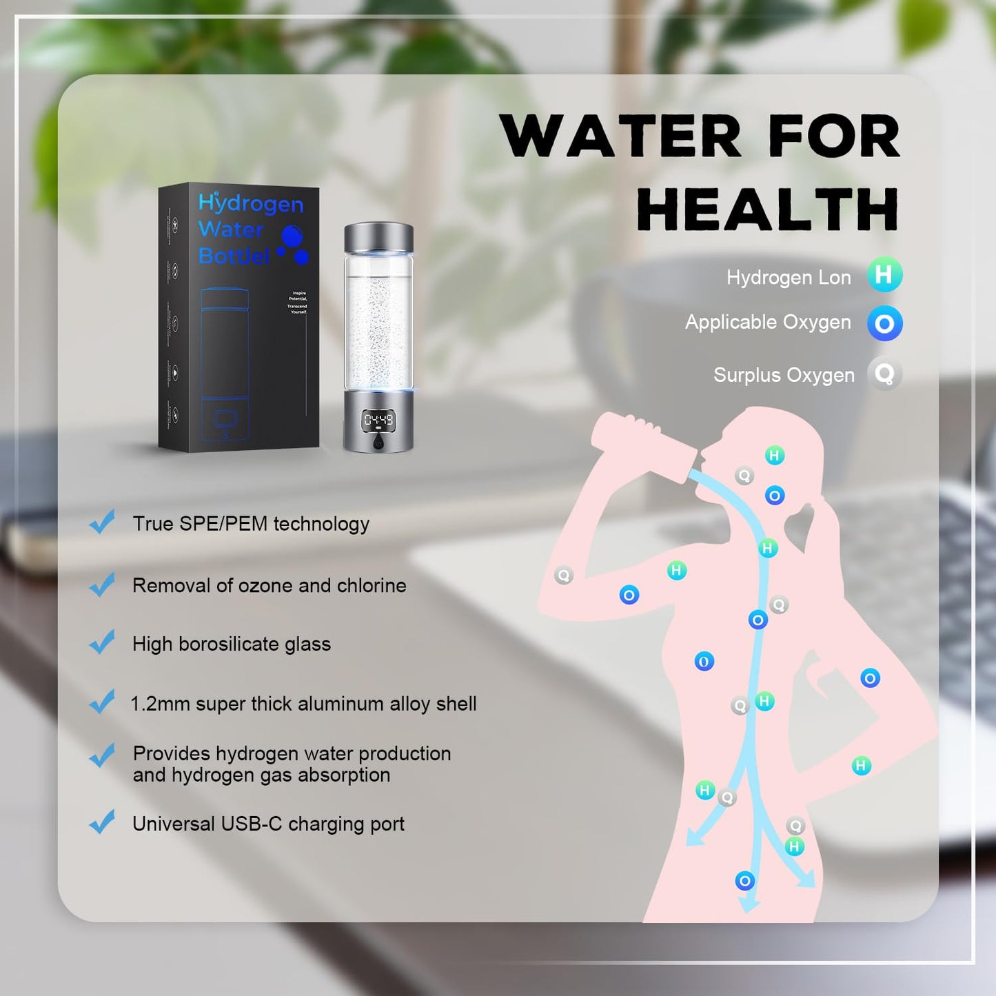 Hydrogen Water Bottle Generator with 4th Generation SPE/PEM Technology, Portable Hydrogen Water Ionizer Machine, Birthday,Xmas Gift for Husband,Wife,Lovers,Friends,Travel (Gray, 9.05in*Φ2.64in)