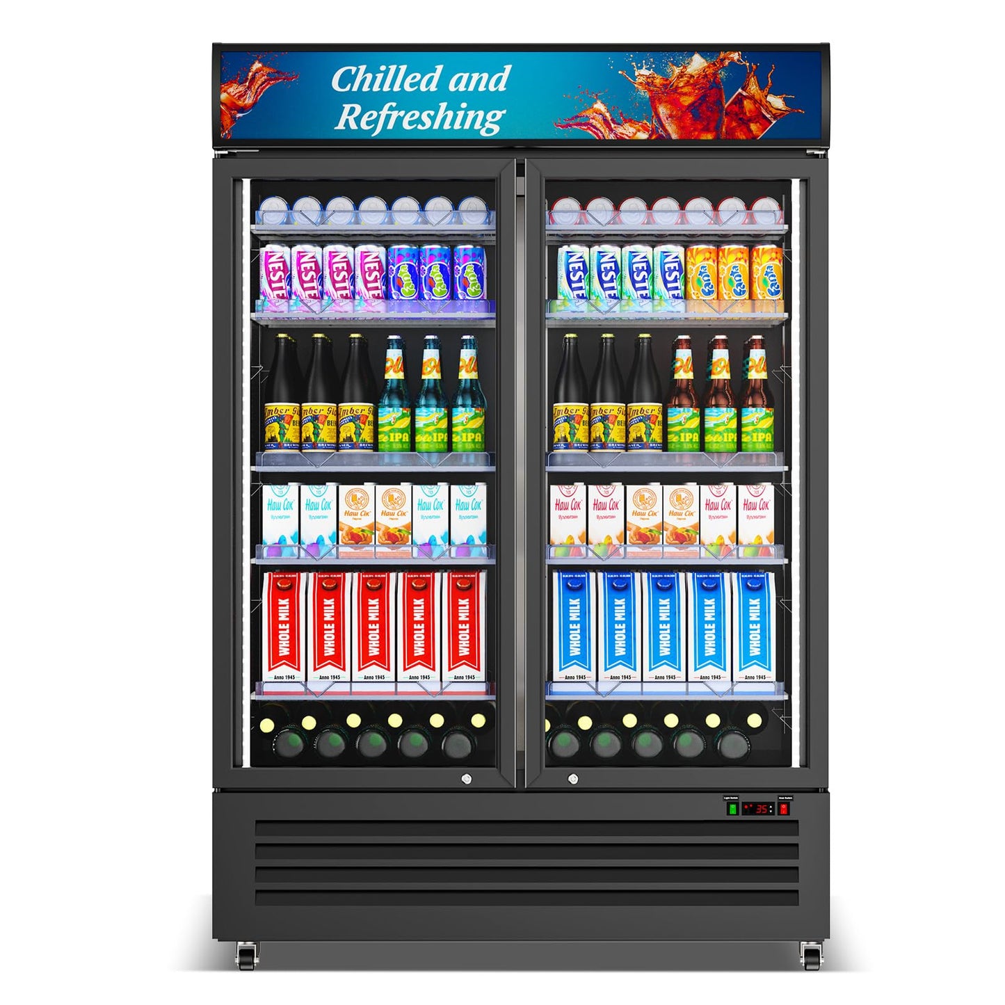 Velieta Commercial Beverage Refrigerator with 2 Glass Door, 383L Display Fridge Beverage Cooler with Customizable Lightbox Adjustable Shelves, Drink Fridge Merchandiser for Restaurant Shop, Black