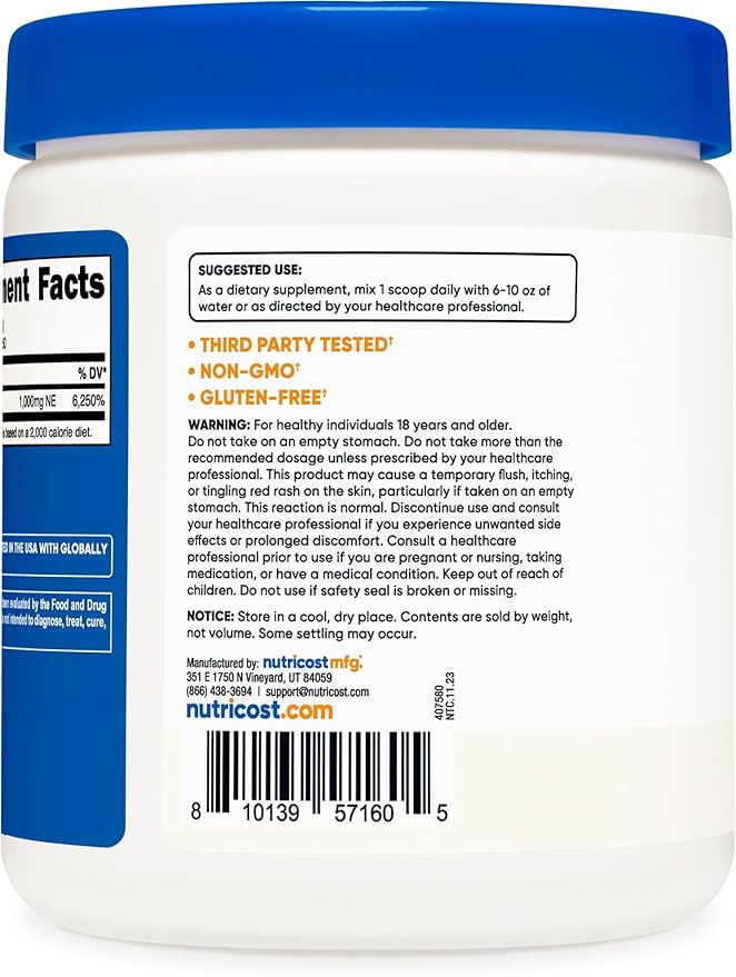 Nutricost Niacin Vitamin B3 Powder 250 Grams - 1G Per Serving - Vitamin B3 (Niacin) Powder - May Cause Flush