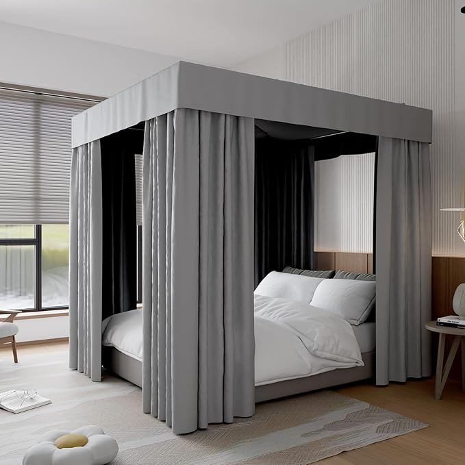 Hvqic Grey Canopy Bed Curtains - 4 Corner Post Bed Curtains King Bed Curtains Lightproof Drapes Bed Canopy for Adults & Girls Bedroom Decoration(King,Grey)
