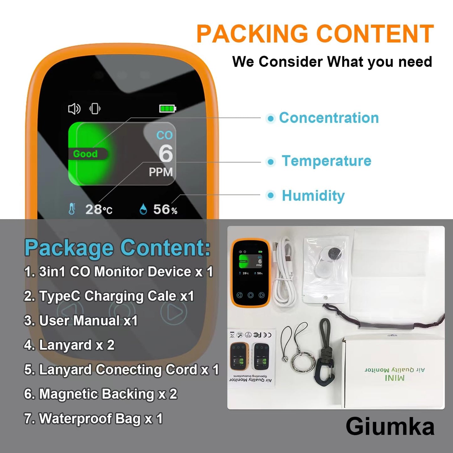 [3-in-1] Carbon Monoxide Detector | Humidity | Temperature, Portable Co Gas Monitor with Lanyard, Air Quality Sensor for Outdoor Camping Travel RV Car