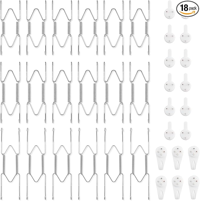 Bilillo 18-Piece Stainless Steel Wall Plate Hangers, 4/6/8 Inch Invisible Decorative Wire Plate Holders with 18 Pieces Wall Hooks for 4 to 10 Inch (Silver)