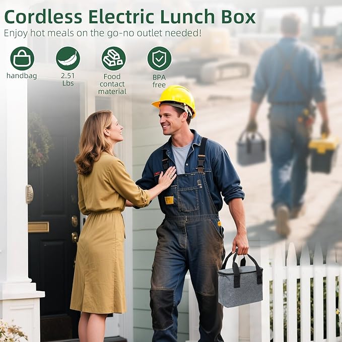 Cordless Electric Lunch Box for Adults, Heated Lunch Box 20000 mAh Battery Powered with Automatic Heating, 1.2L Portable Food Warmer, BPA Free