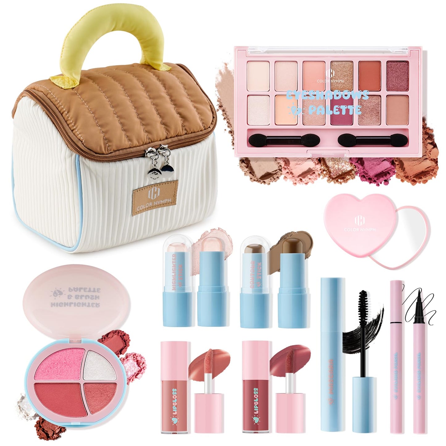 Color Nymph Makeup Sets For Teens Girls with Cutie Pie Handbag, All In One Girls Makeup Kits for Girl Women Full Kit Included Eyeshadow Blush Contour Highlighter Lipgloss Mascara Eyeliner and Mirror