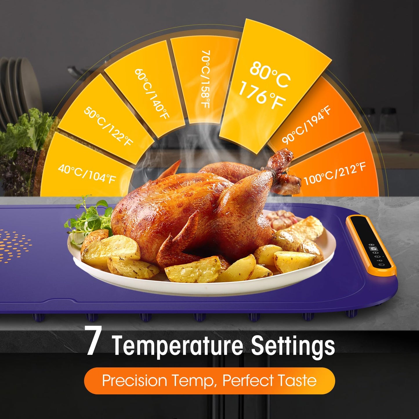 Warming Mat for Food, Extra Large, Food Warming Mat for Countertop, Food Warmer Mat with AI 7 Temperature Settings, Child Lock, Raised Feet Protects Table, Fast 8s Heating,Parties,Buffets,Daily Use