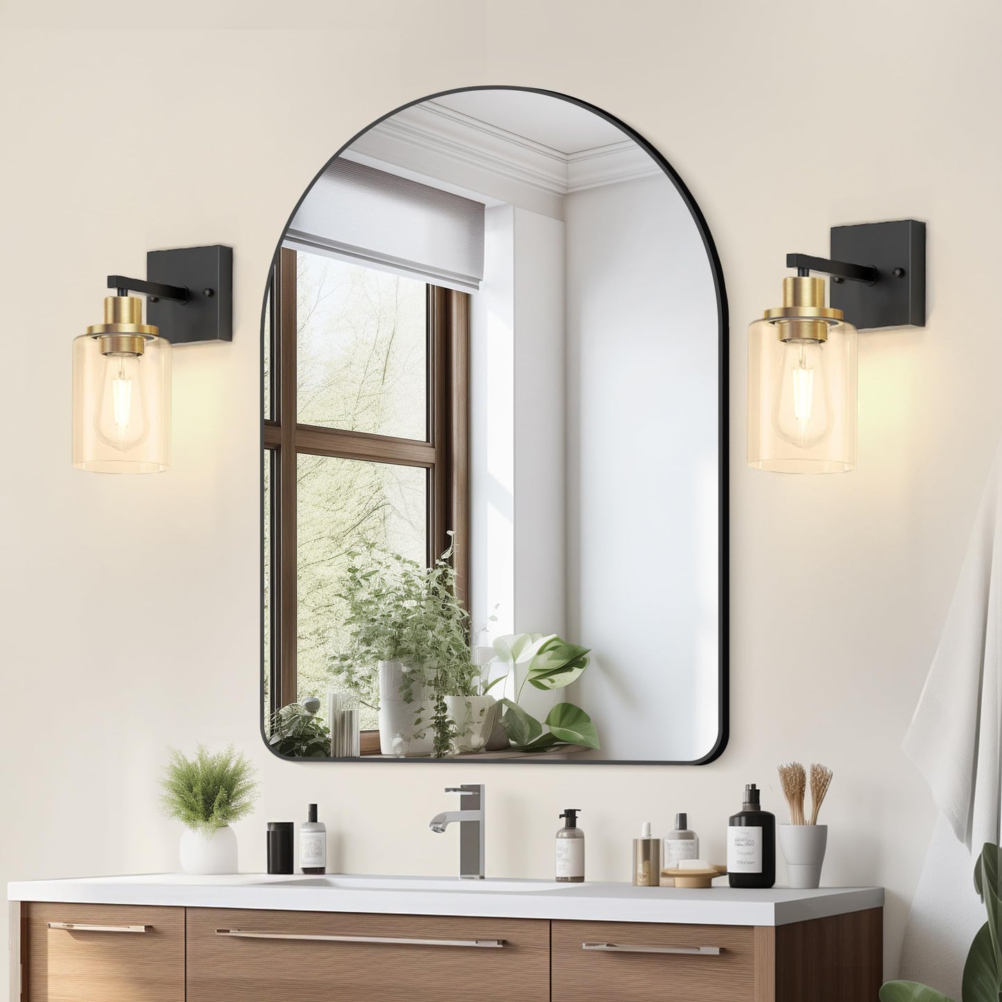 Licperron Wall Sconces Set Of 2, Black & Gold Matte Fixtures With Clear Glass Shade, Model Bg-Glass-Sconce, For Bathroom & Living Room