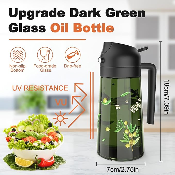 COOLMI Oil Sprayer for Cooking, 2 in 1 Olive Oil Dispenser Bottle Set for Kitchen, Food-Grade Glass Green Oil Vinegar Bottle Container - 16OZ/470ML Set of 2 (Black)