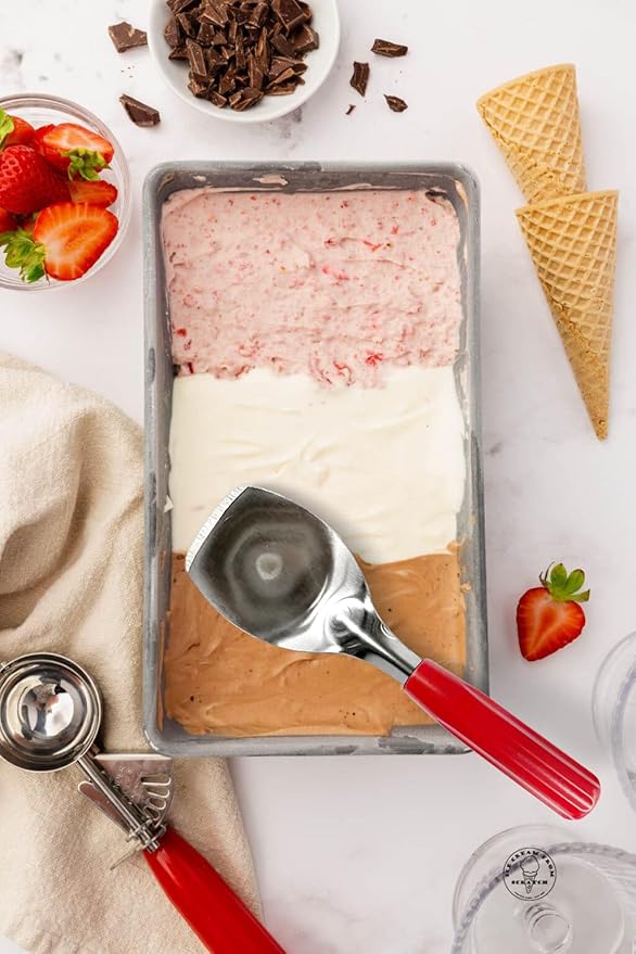 2Pack Durable Ice Cream Spade Scoop with Easy Dig Sharp Edge for Hard Ice cream, Stainless Steel Flat Ice Cream Paddle with Non-Slip Grip Handle,Red
