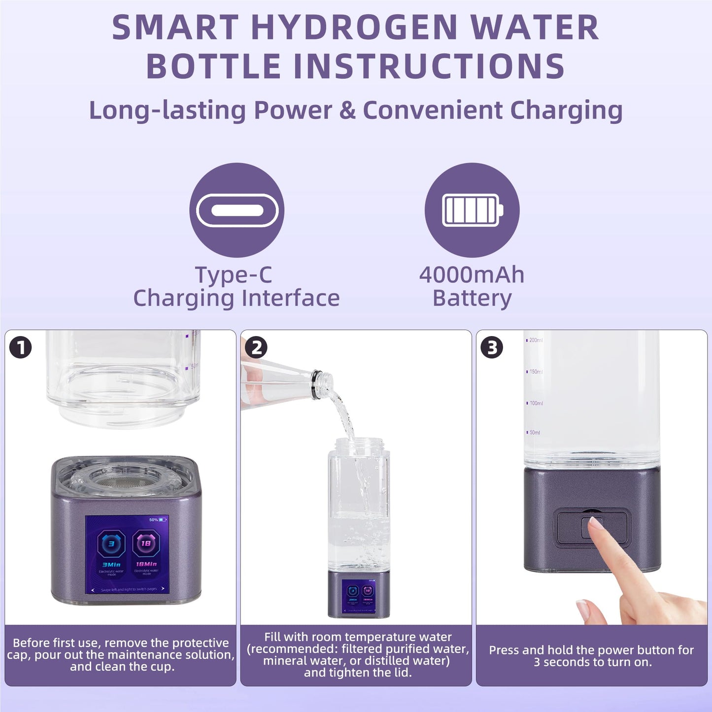 Hydrogen Water Bottle Generator, Up to 9000ppb, Portable Hydrogen Bottle with Smart Touchscreen, SPE/PEM Technology for Home Office Outdoors Drinking, 350ml