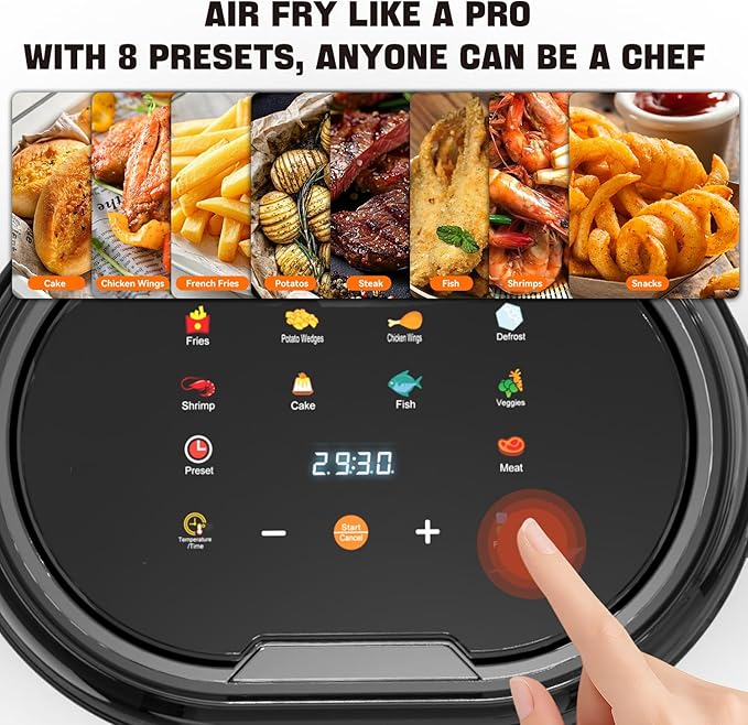 6.5QT Visible Glass Air Fryer, 8-in-1 Long Tray Design with 360° Viewing Window, Digital Touchscreen, Fries, Cake, Defrost, Chicken Wings, Dishwasher Safe, Oil-Less Oven