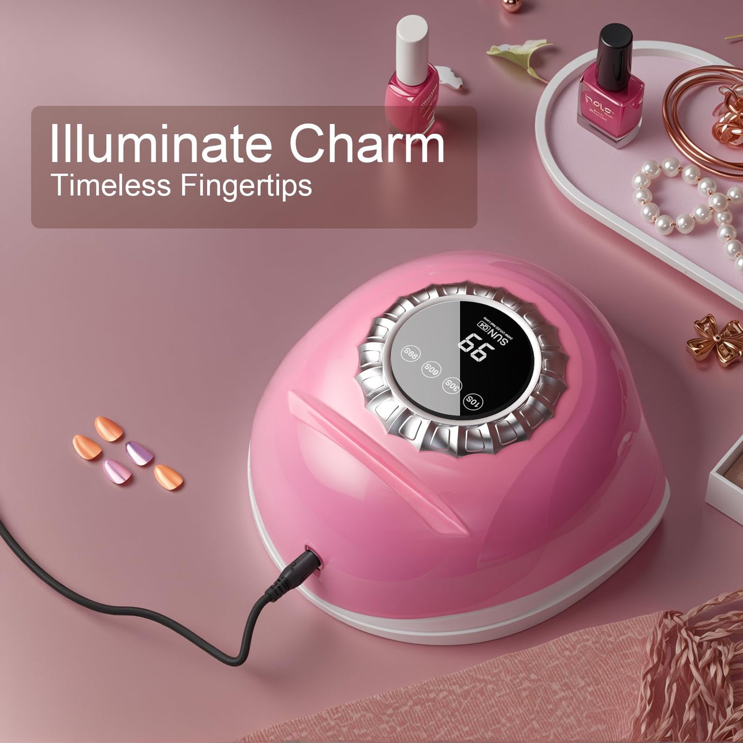 LVAINIT Pink UV LED Nail Lamp - Elegant Touch Screen Nail Dryer with 4 Timer Settings, Detachable Base & Dual Light Beads for Qu