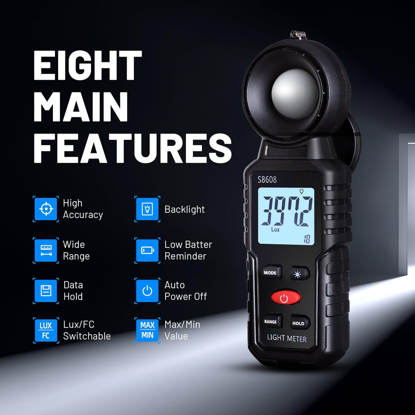 Mcbazel Digital Illuminance Light Meter, Photometer Light Intensity Sense Tester With Lcd Display,Lux Meter Range Up To 200,000