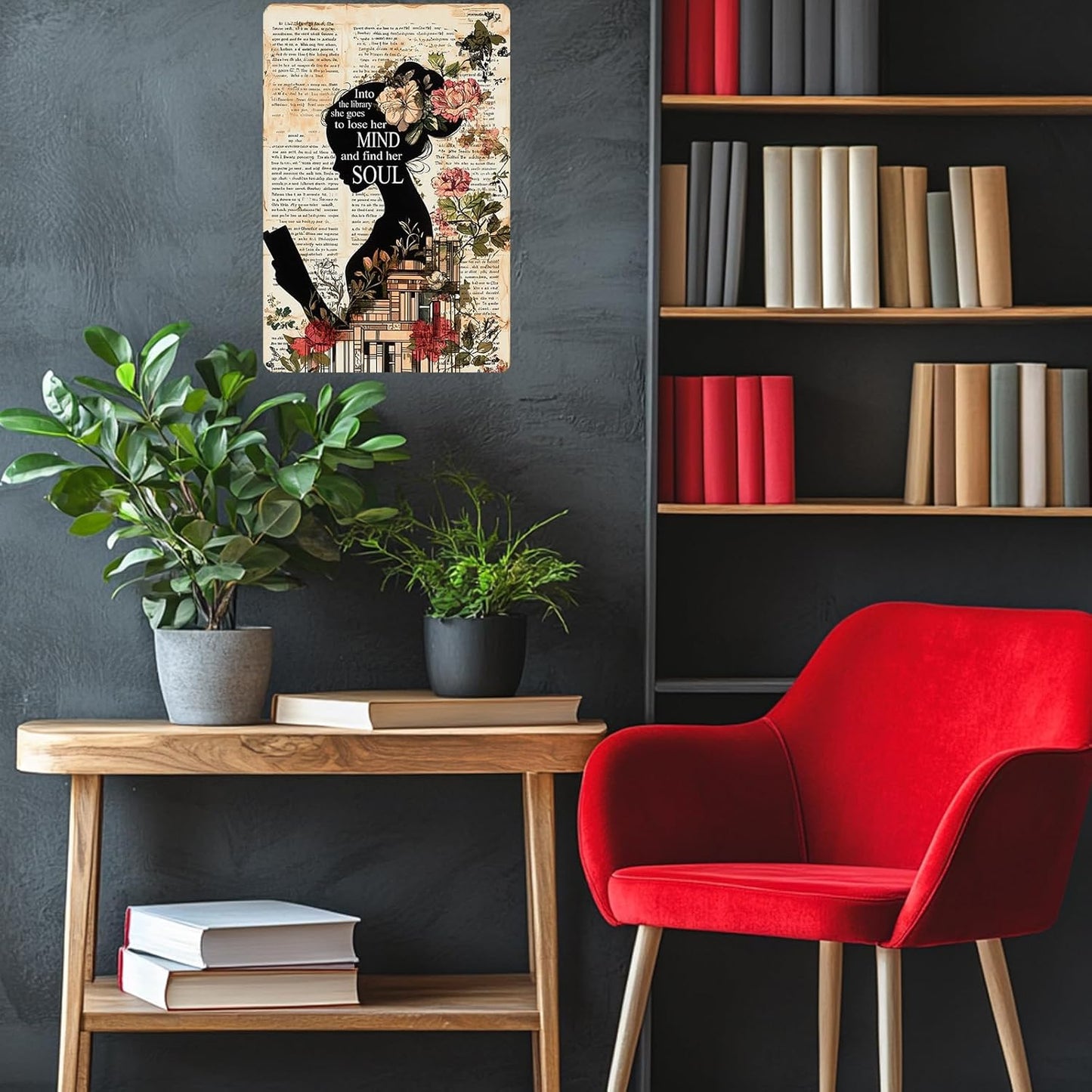 Girl Reading Book Vintage Metal Iron Tin Sign Into The Library She Goes To Lose Her Mind And Find Her Soul Retro Wall Decor Poster Home School Library Coffee Shop Club 12x8 Inch