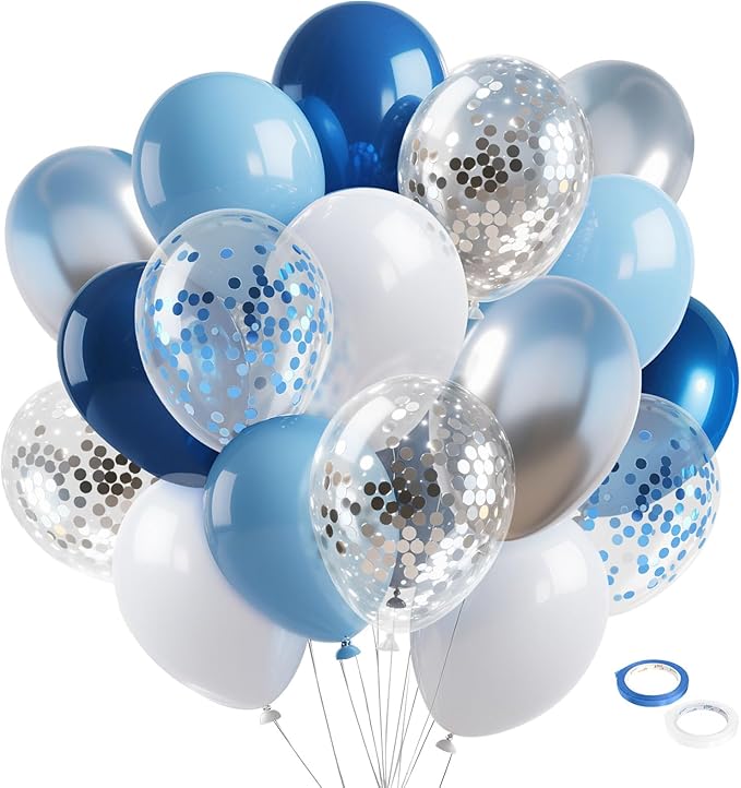 Blue and White Balloons 12 Inch Navy Blue Balloons Latex Confetti Balloon Party Decorations for Graduation Fathers Day Bir...