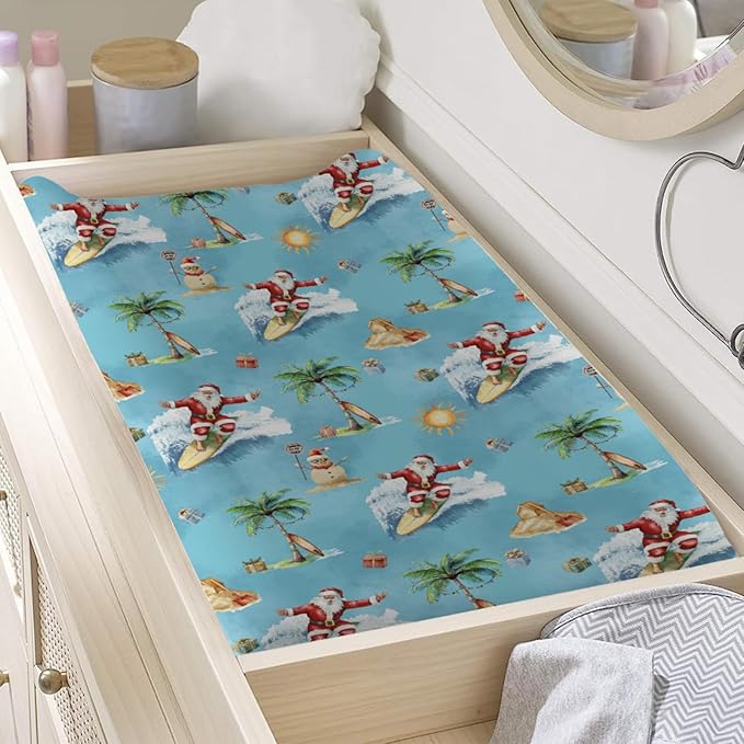 Surfing Santa Holiday Beach Baby Changing Pad Covers Santa Surfboard Palm Trees Sun Gift Fitted Diaper Changing Table Sheets for Boy Summer Christmas Soft Stretchy Fitted Change Table Mat 32''x16''