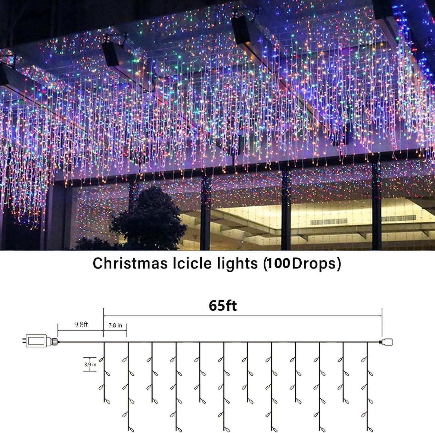 Joomer Christmas Icicle Lights - 65FT Multicolor Waterproof String Lights, 8 Modes Timer, Model SSL0500-I-24V
