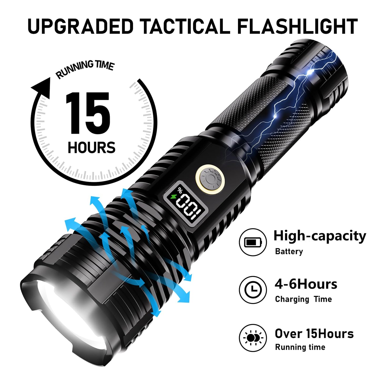 CHILDBOT Rechargeable Flashlight, 990000LM, 5 Modes, Waterproof, Aluminum, Black, Model Y1915C