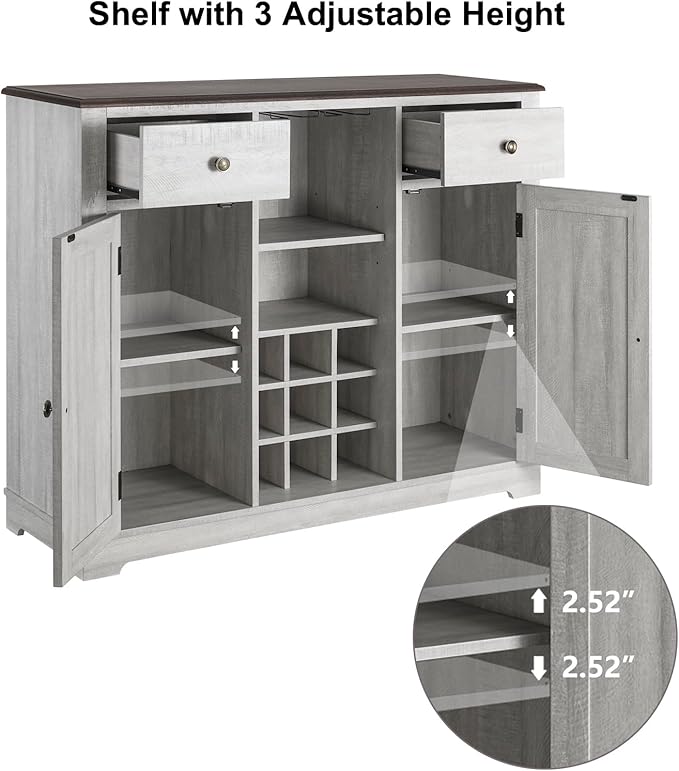 Rustic Wine Cabinet with Wine Rack and Lattice, Sideboard Buffet Cabinet with Drawers, Multifunctional Storage Cabinet for Kitchen, Dining Room, 47 Inch (Off-White)