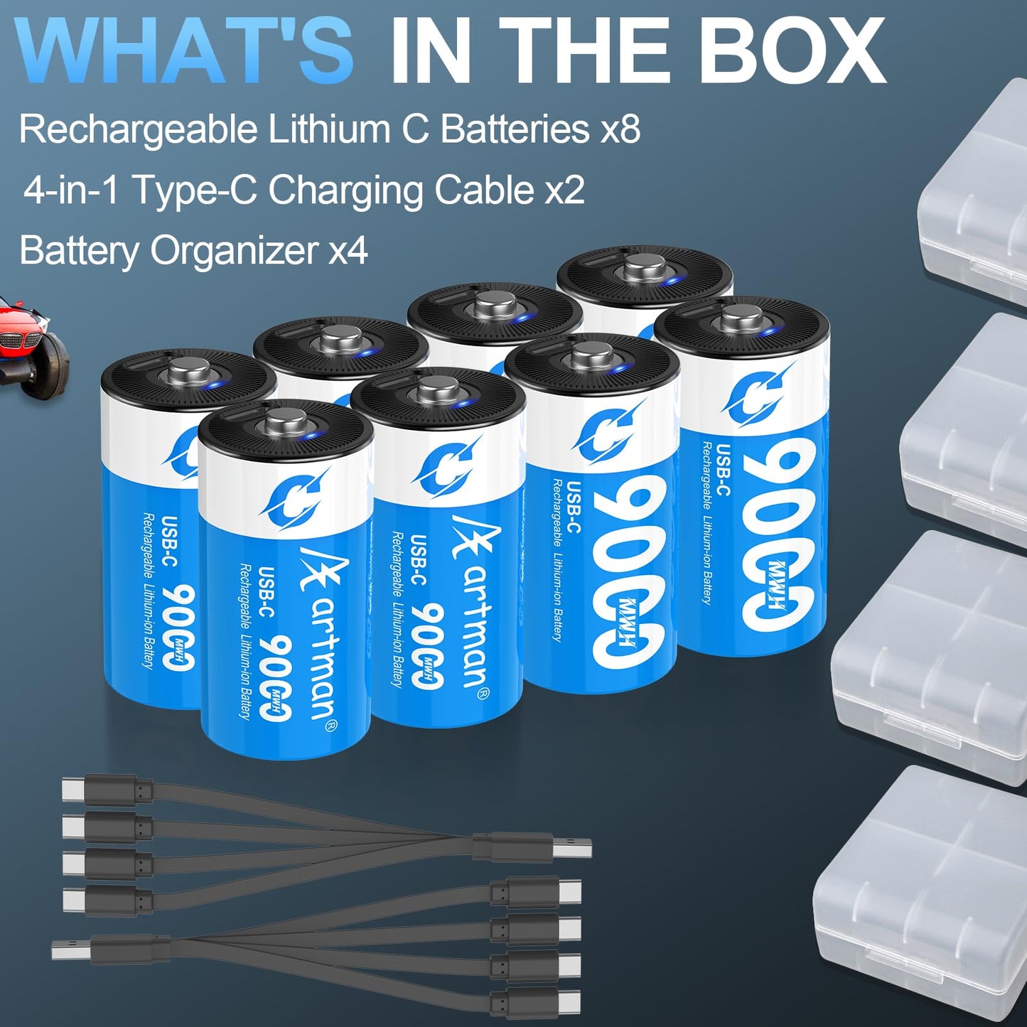 Artman Rechargeable Lithium C Batteries 8 Pack, 1.5V C Cell Batteries with 4 in 1 USB-C Charging Cable, 9000mWh High Capacity Size C Li-ion Battery for Floodlight Toys, Recharge up to 1200+ Cycles