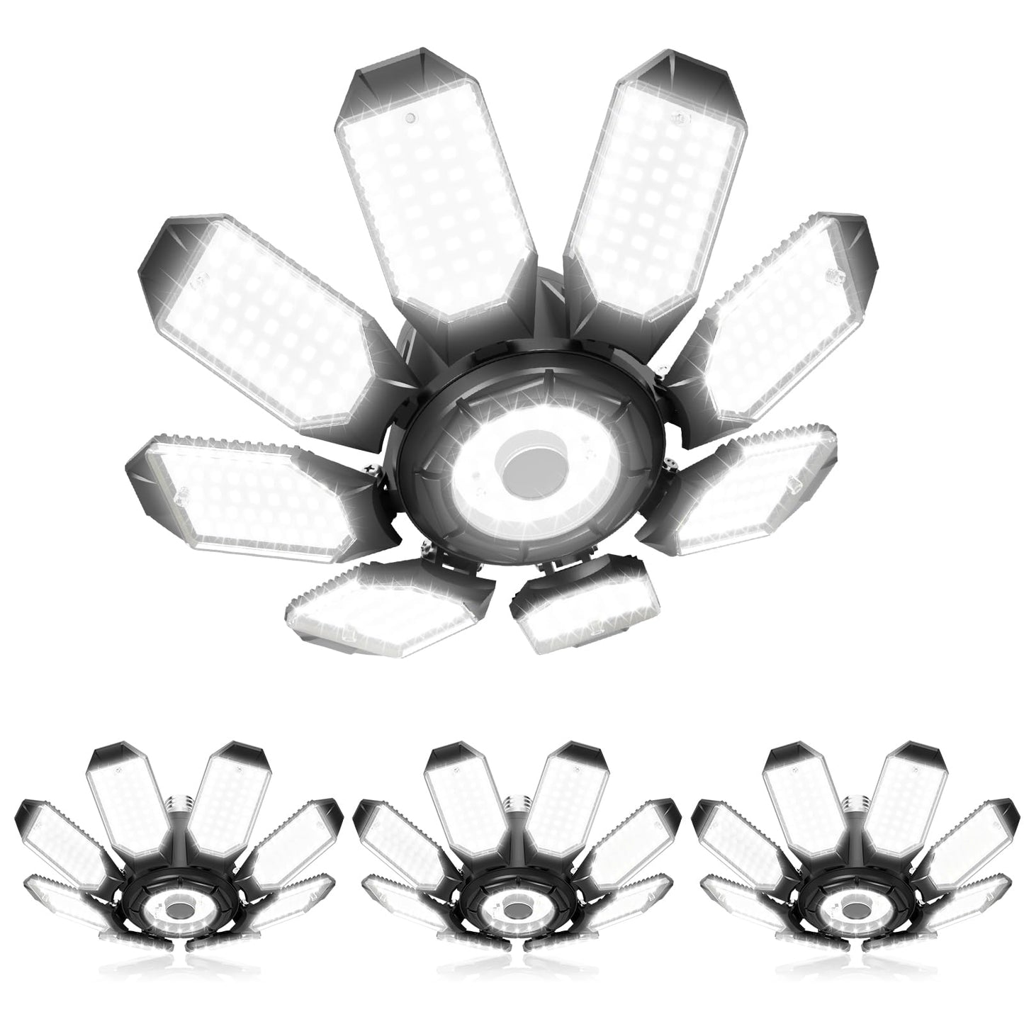 Adiding Led Garage Ceiling Lights 56000Lm 4 Pack W/ 8 Adjustable Panels  Super Bright Deformable Basement Lighting Fixture Screw In E26 Bulb Socket For Indoor Workshop  Attic  Storage  Bay  Home Gym