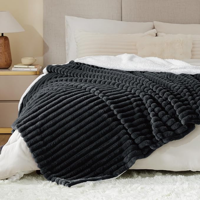 INFIIXSO Sherpa Throw Blanket for Couch - Super Soft & Warm Striped Fleece Blanket, Cozy Plush Fluffy Blanket All Season Use (Black, 50x60 Inches)