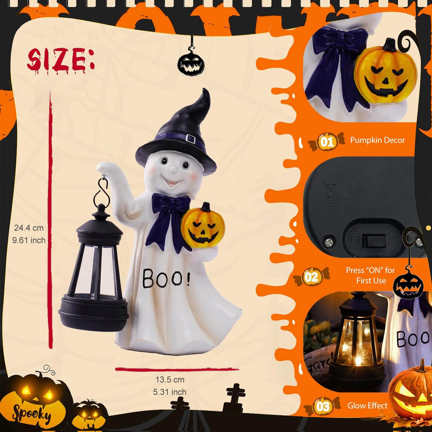Fashionoda Halloween Ghost Solar Statue - White Resin Outdoor Decor for Garden, Patio, Balcony - Model LD602559