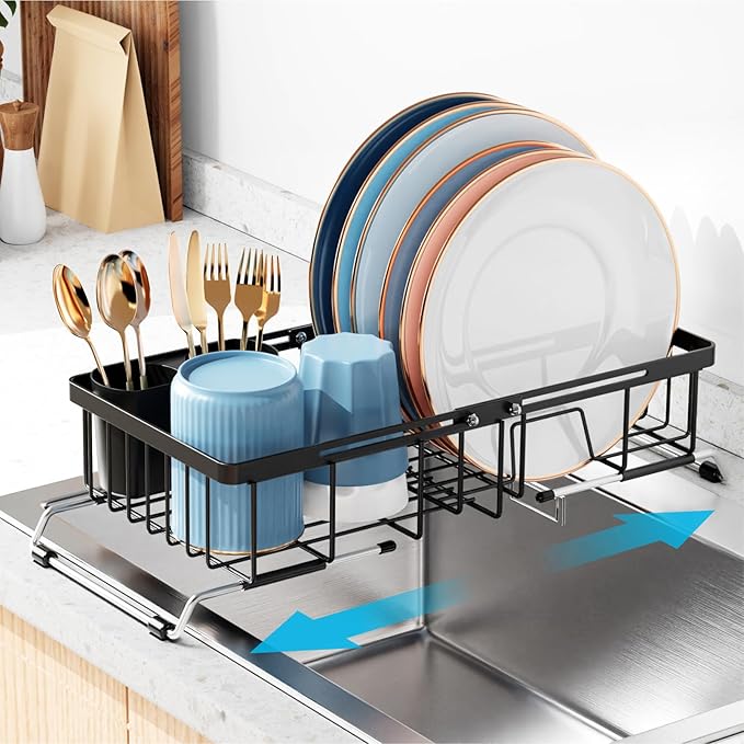 iSPECLE Expandable Small Sink Dish Drying Rack - Adjustable Capacity (13''-16.9''L) and Legs Over The Sink Dish Drainer Drying Rack for Kitchen Sink and Counter, Dish Rack with Utensil Holder, Black
