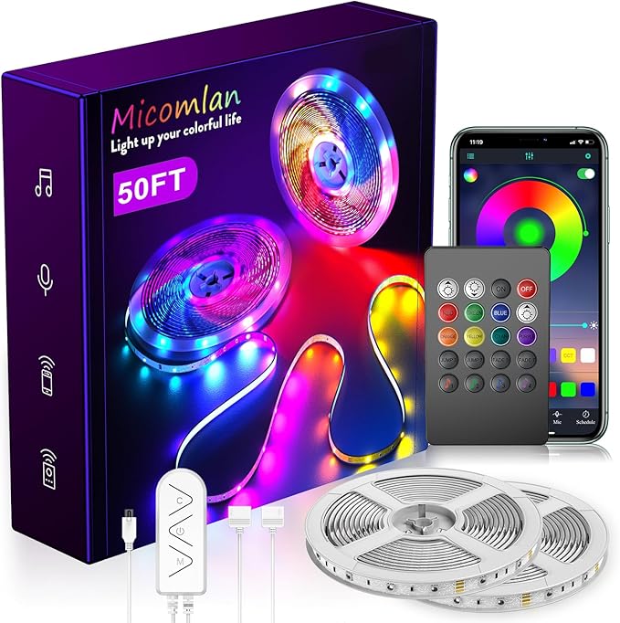 Micomlan 50ft/15M Led Strip Lights, Music Sync Color Changing RGB LED Strip Lights Built-in Mic, Bluetooth app Controlled ...