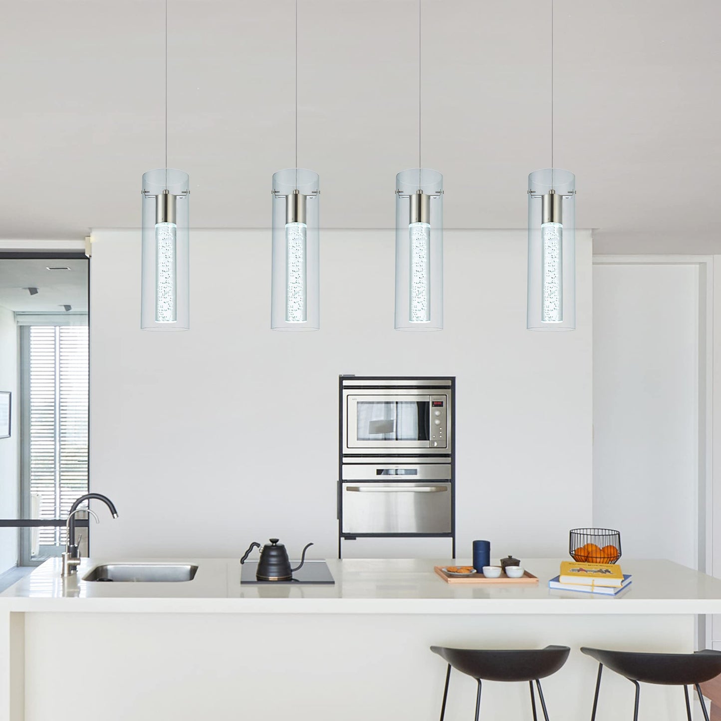 Votag Kitchen Lighting Pendant Fixtures 4-Light Led Pendant Ceiling Fixture Brushed Nickel Bubble Cylinder Pendant Light With Adjustable Length For Kitchen Island Dinning Room Bedroom