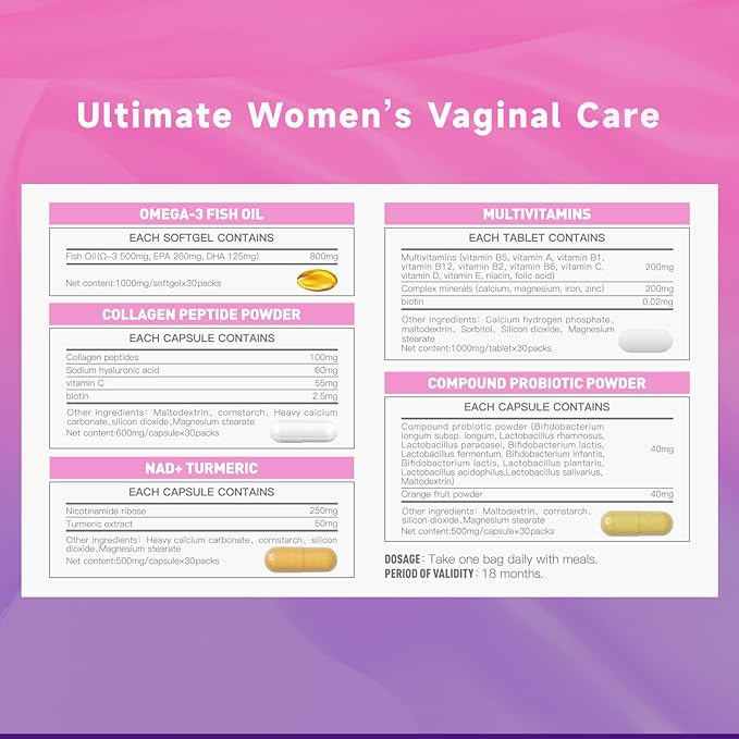 Natener 1795mg Women Vaginal Probiotics Daily Vitamin Pack | 80B Lactobacillus + 800mg Omega-3 + 250mg NAD+ + 179.5mg Vitamin C for Vaginal Ph Balance, Moisture, Tightening,Anti-Aging,Immune & Mood