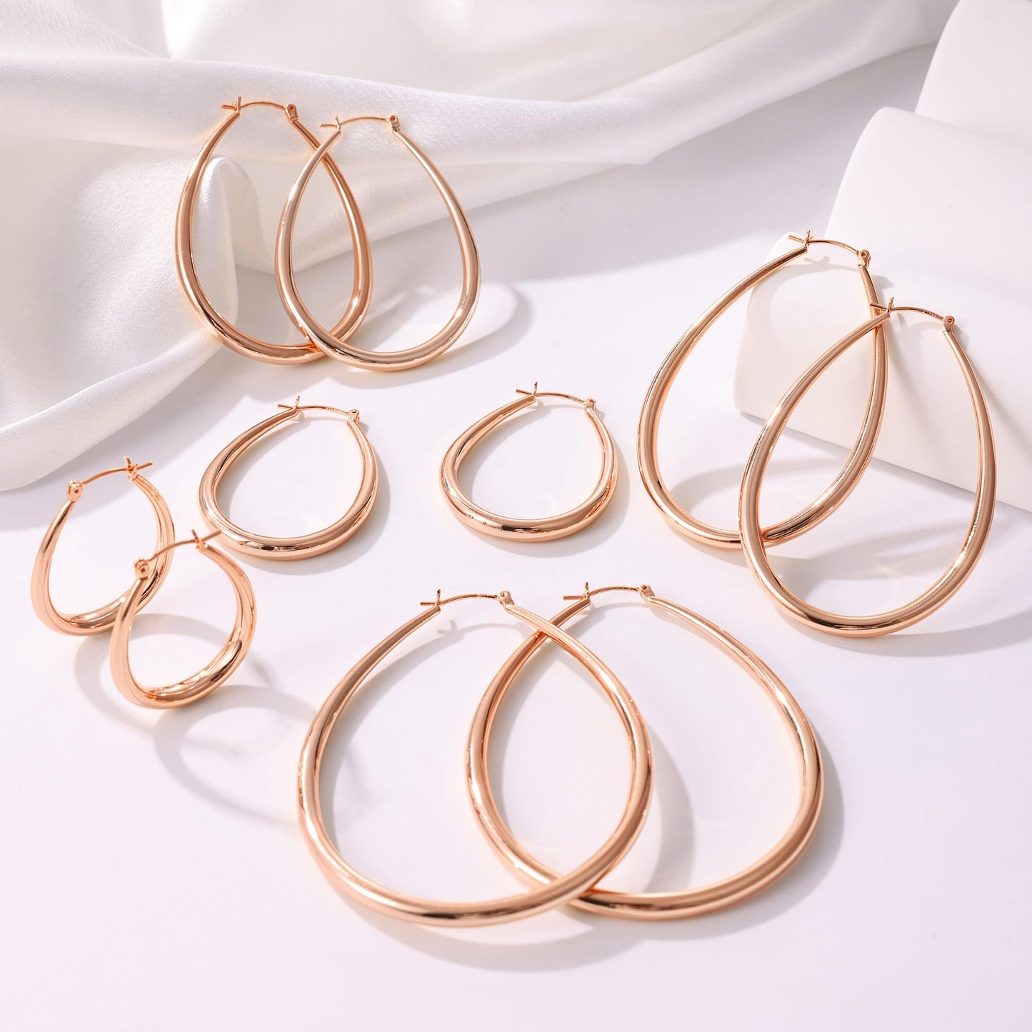 Gacimy Rose Gold Chunky Hoop Earrings for Women, 14K Rose Gold Plated Oval Hoop Medium Earrings with 925 Sterling Silver Post, 3