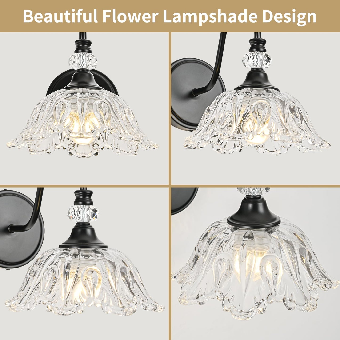 Sunkryster 1 Piece Black Wall Sconce With Floral Clear Glass Shade  Black Farmhouse Wall Mount Lighting For Bathroom Vintage Bathroom Vanity Light Fixture