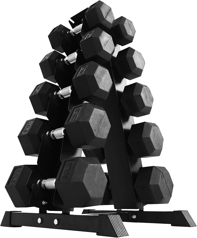 BalanceFrom Rubber Coated Hex Dumbbell Set with A-Frame Rack, Black – Solid Cast Iron Home Gym Weights with Chrome Handles...