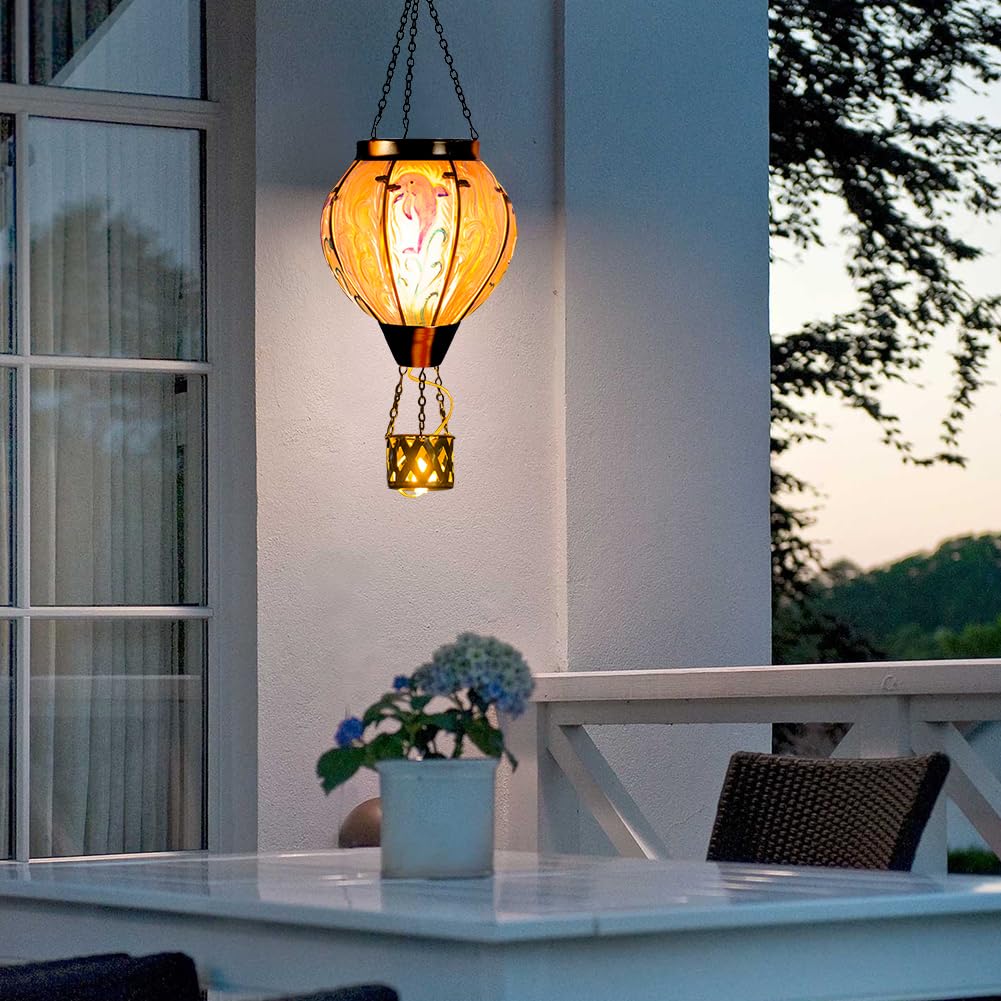 Yelenew Blue Dolphin Hot Air Balloon Solar Lantern With Flame Flickering Light Led Glass Hanging Solar Lanterns Outdoor Waterproof Hot Air Balloon Decor For Patio Yard Garden Mother Day Gift For Women