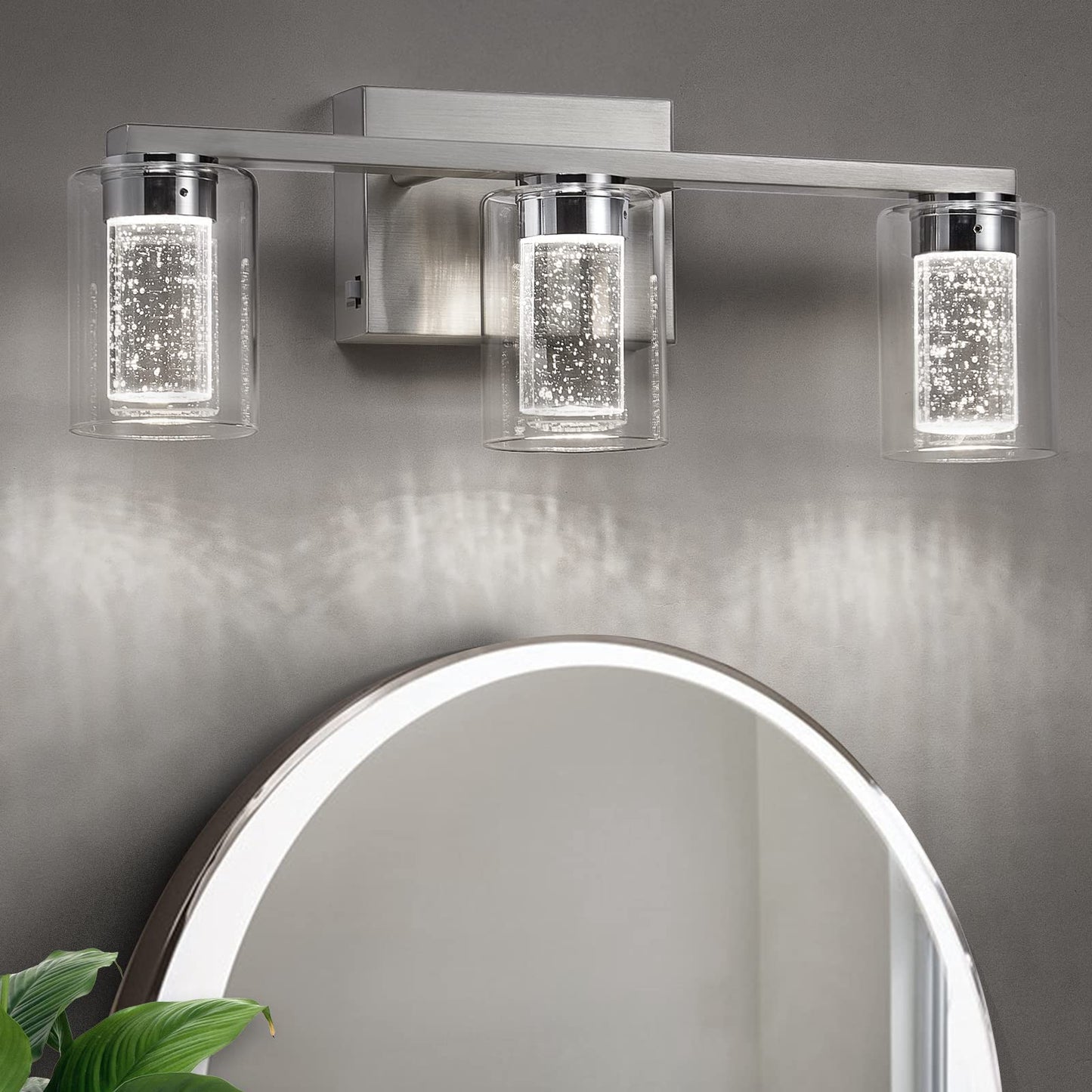 Stambord Bathroom Vanity Light Fixture, 3-Light Brushed Nickel, Dimmable Led With Crystal Bubble & Clear Glass