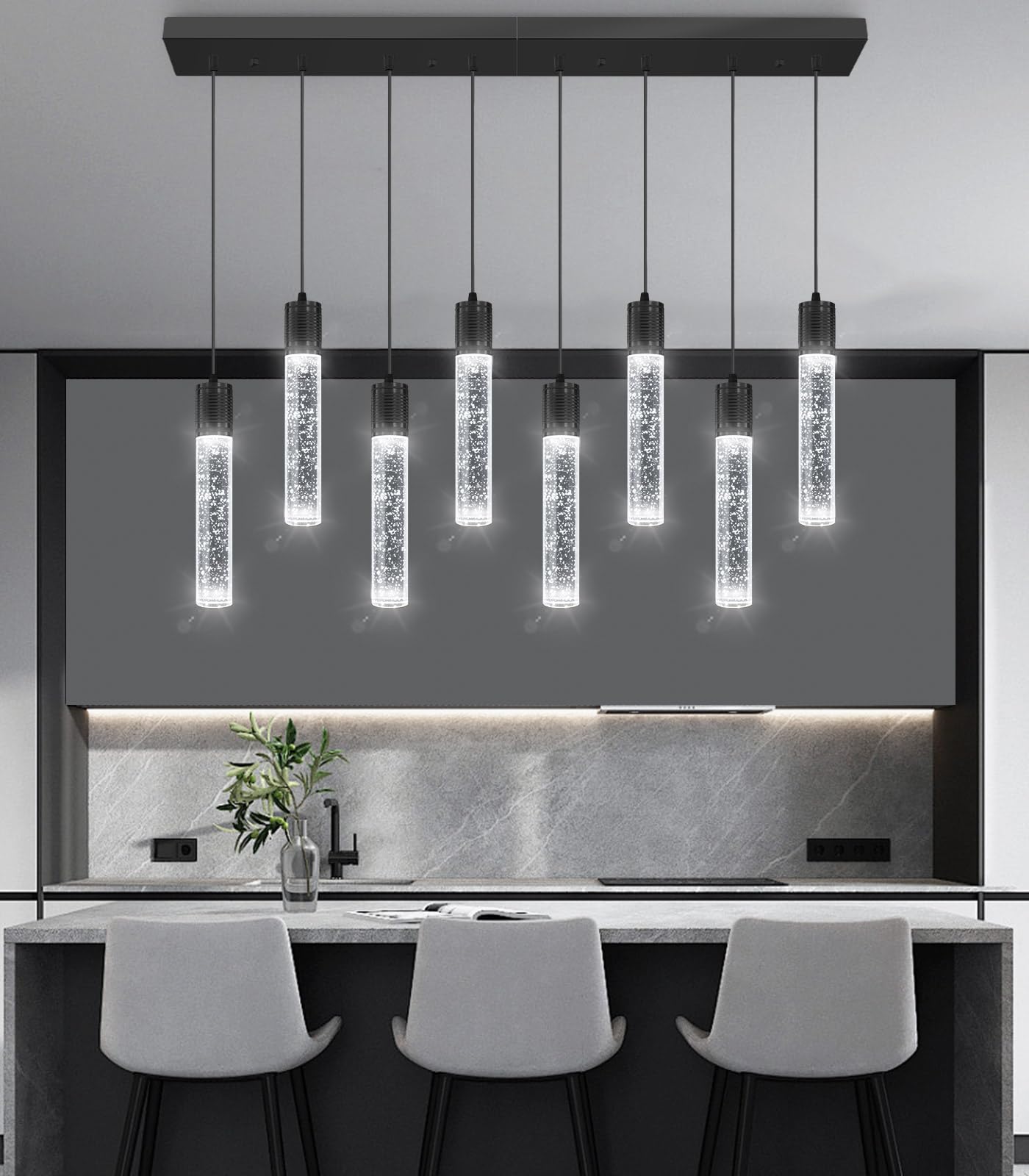 Dolria 8-Lights Modern Crystal Chandeliers For Kitchen Island Pendants Lighting Fixture For Dining Room Led Ceiling Light For Hallway Foyer 6000K Black